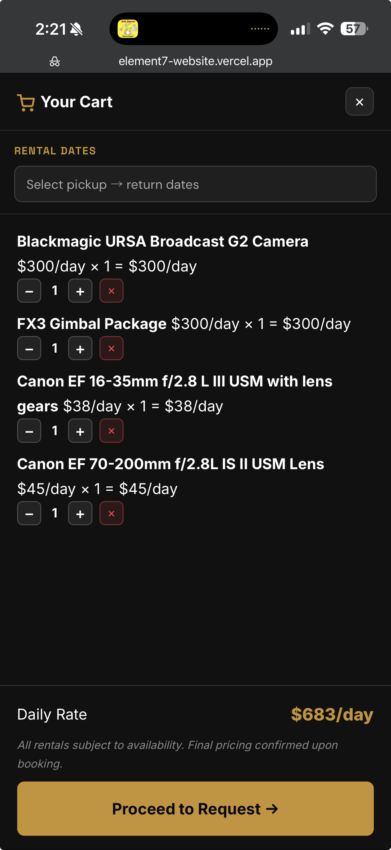 Element 7 gear rental cart on mobile — interactive shopping cart built with AI